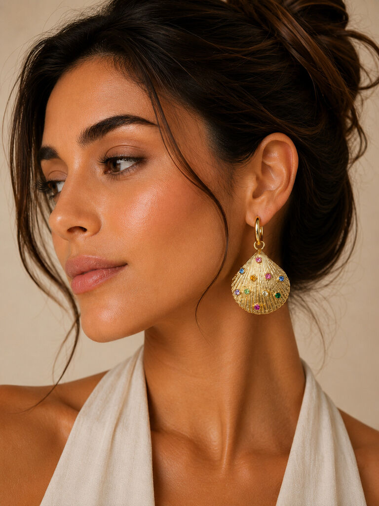 gold shell earrings with colorful strass