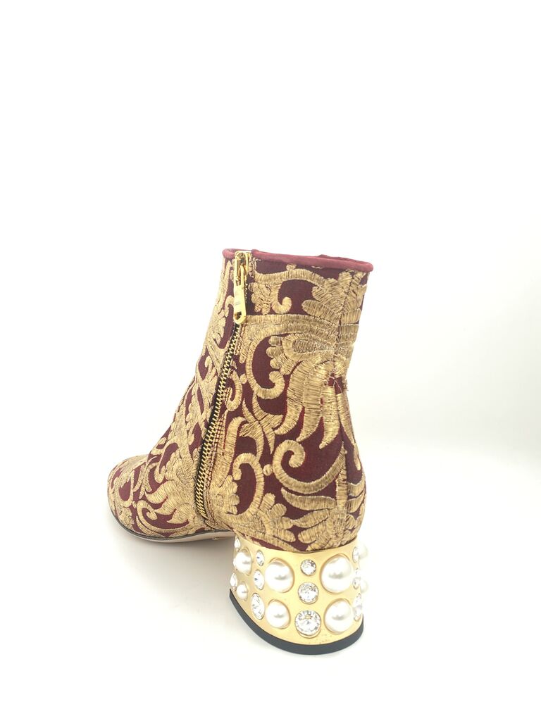 Burgundy Embroidered Ankle Boots with Jewel Heel