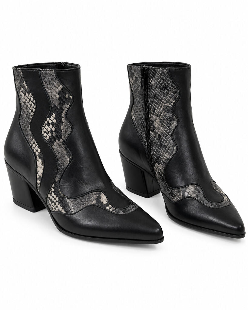Black Textured Ankle Boot with Chunky Heel