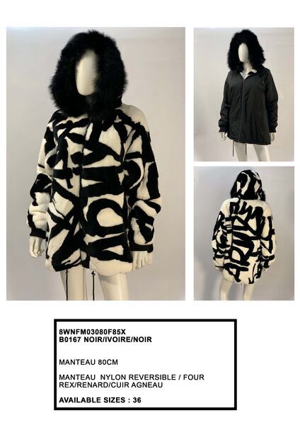 Black Abstract Reversible Coat with Fur Trim