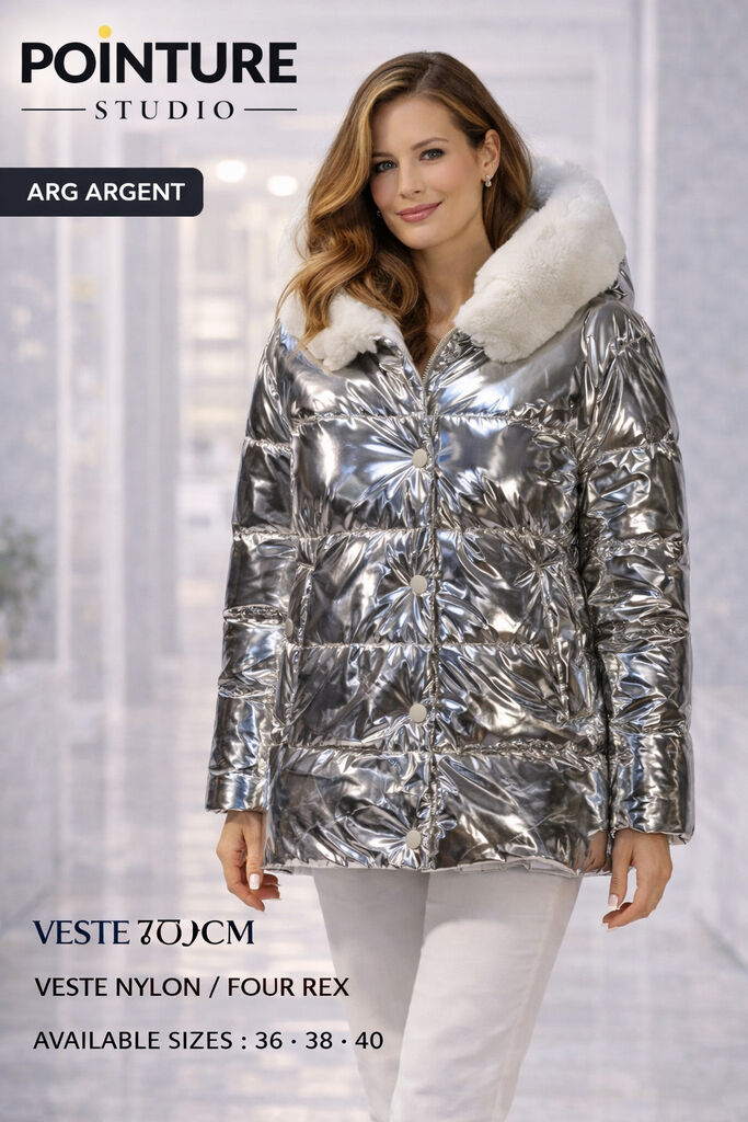 Silver Metallic Puffer Jacket with Fur