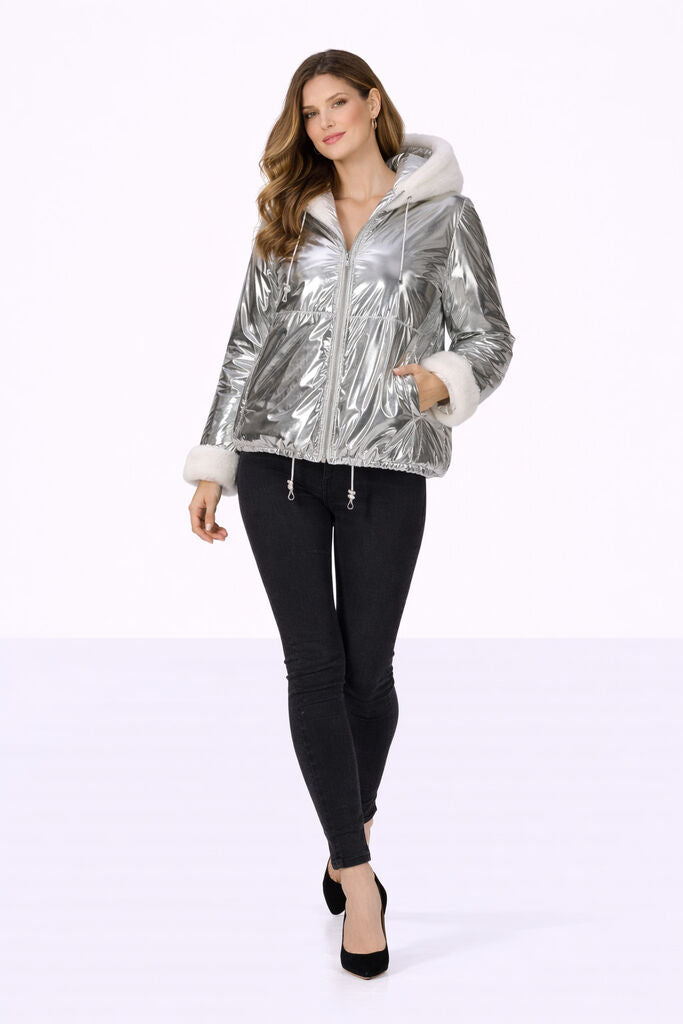Reversible Silver Nylon and Fur Jacket