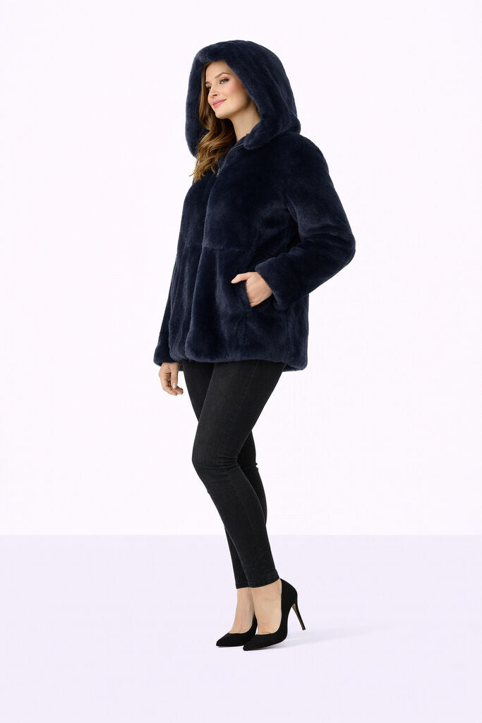 Deep Blue Reversible Fur Hooded Jacket