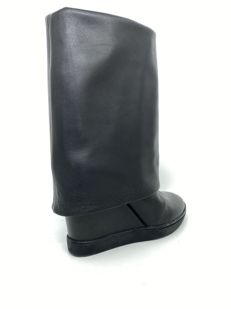 Black Leather Wedge Boots with Cuff
