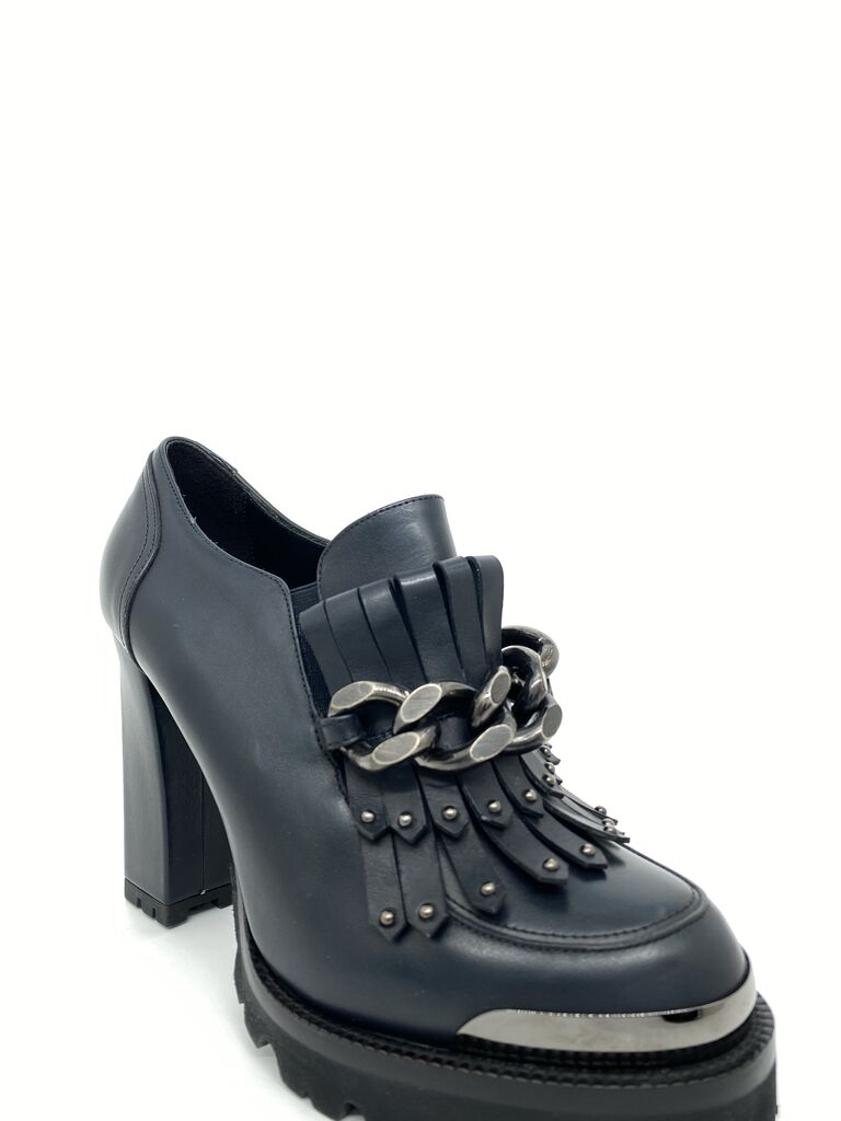 Black Leather Heel Loafers with Chain Detail