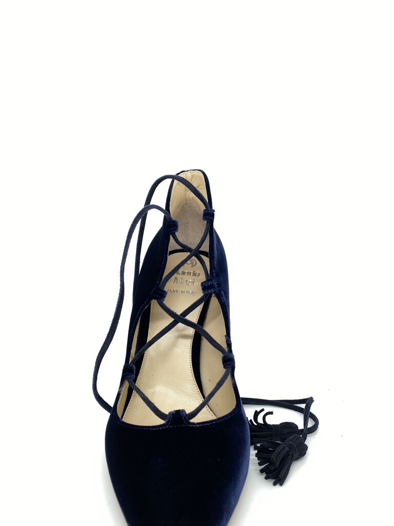 Navy Velvet Lace-Up Stiletto with Tassel Detail