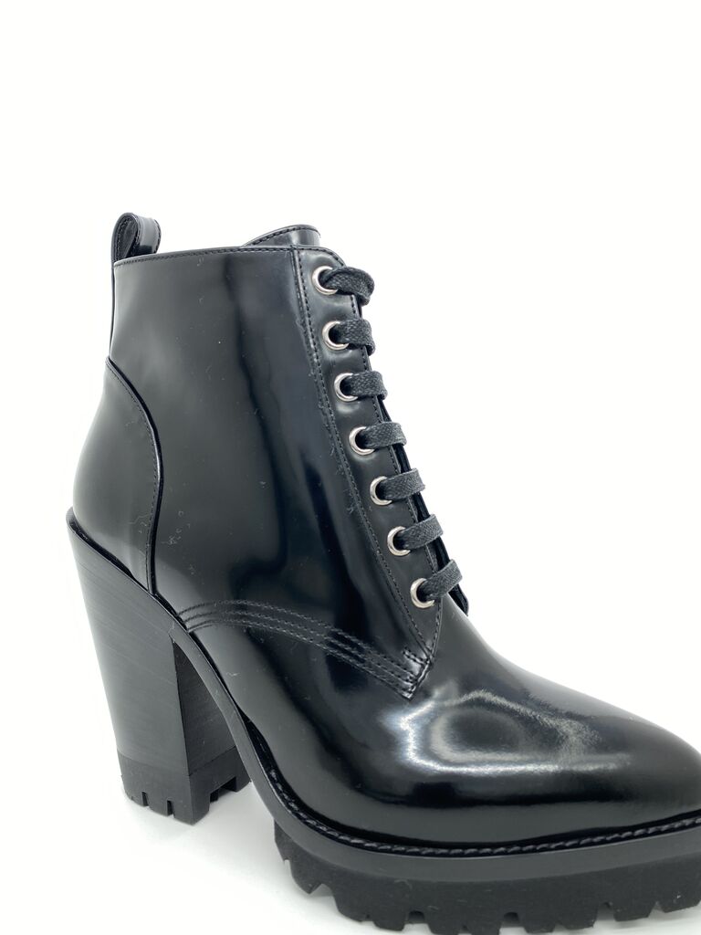 Black Patent Chunky Heel Lace-Up Ankle Boots