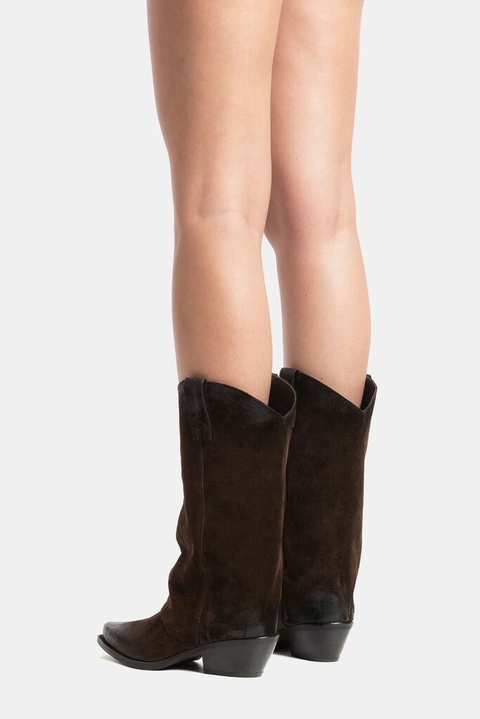Brown Suede Western Boots with Stacked Heel