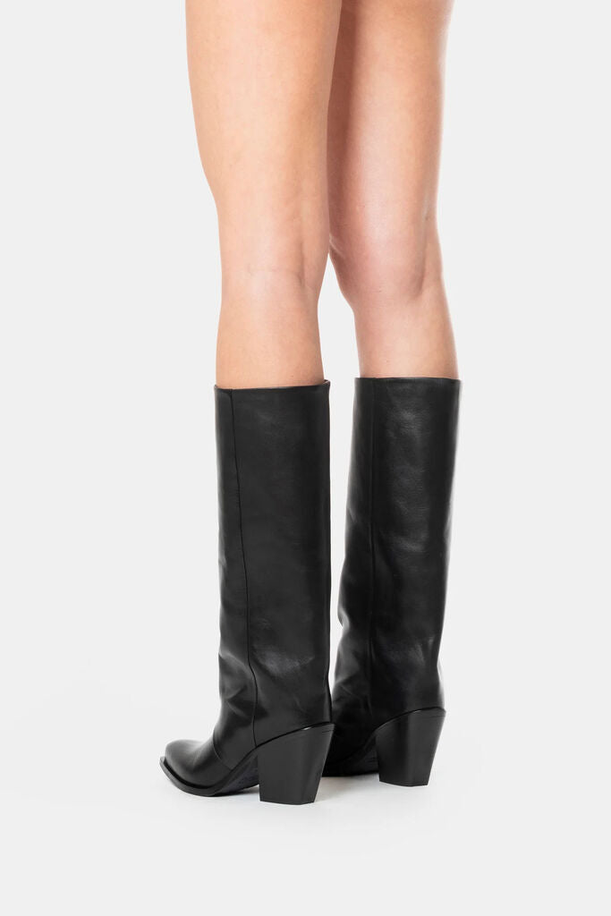 Black Leather Knee-High Boots with Stacked Heel