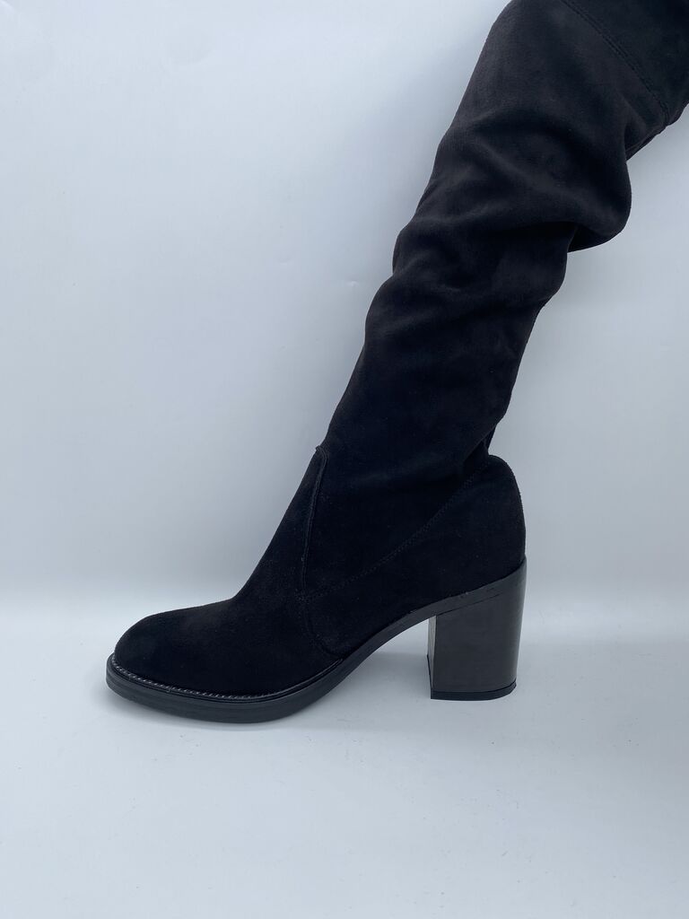 Black Suede Over-the-Knee Boots with Block Heel