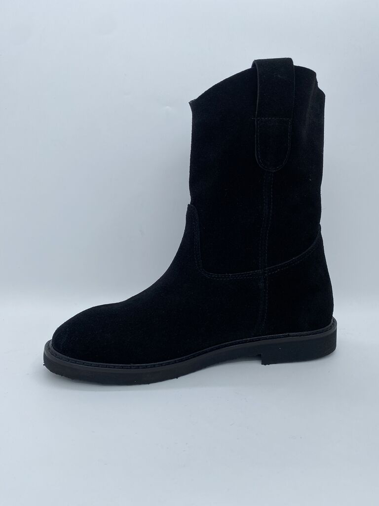 Black Suede Mid-Calf Boots with Pull Tabs