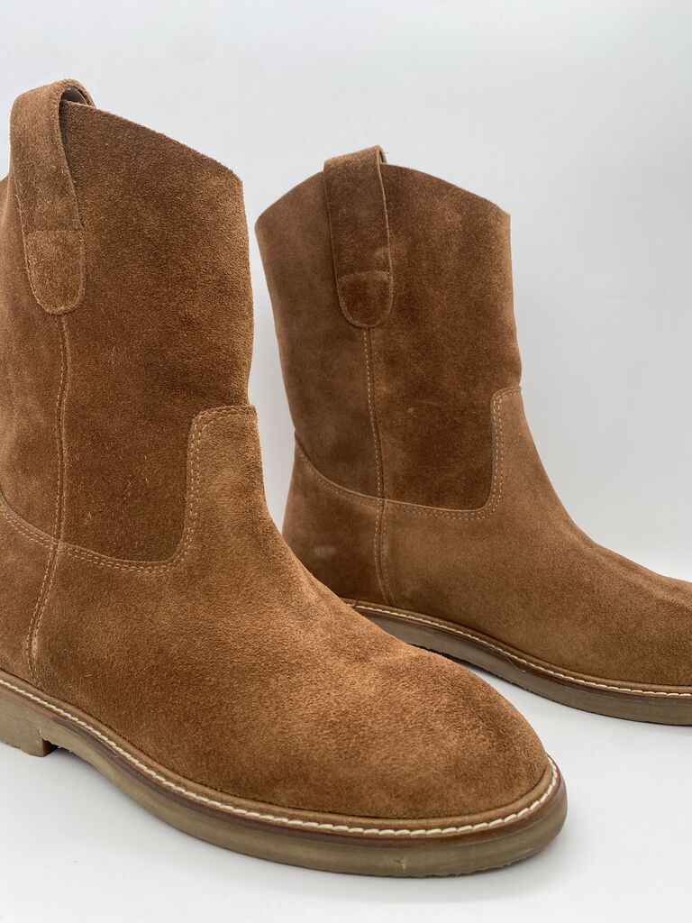 Brown Suede Mid-Calf Boot with Pull-On Tabs