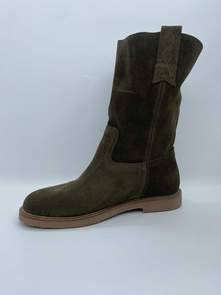 Olive Suede Mid-Calf Boots with Pull Tabs