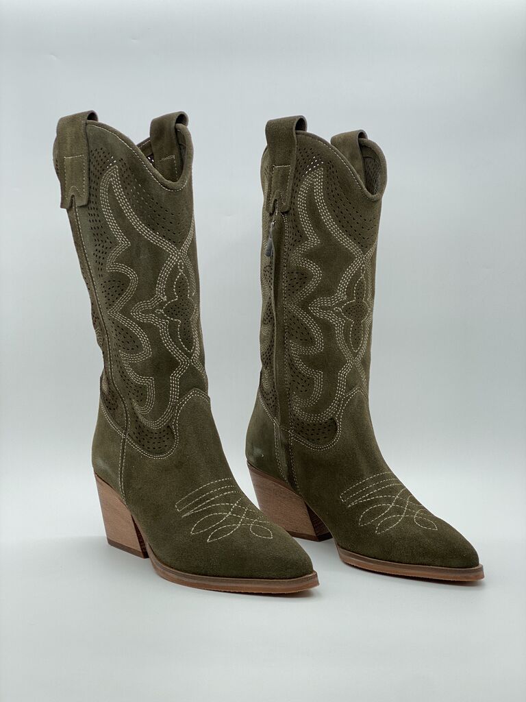 Olive Suede Western Boots with Stacked Heel