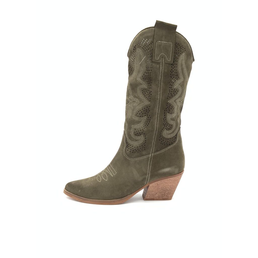 Olive Suede Western Boots with Stacked Heel