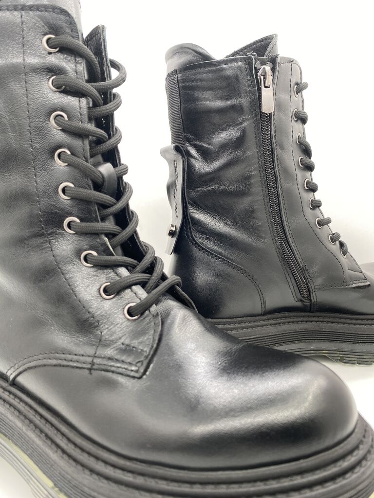 Black Leather Platform Boots with Lace-Up Detail