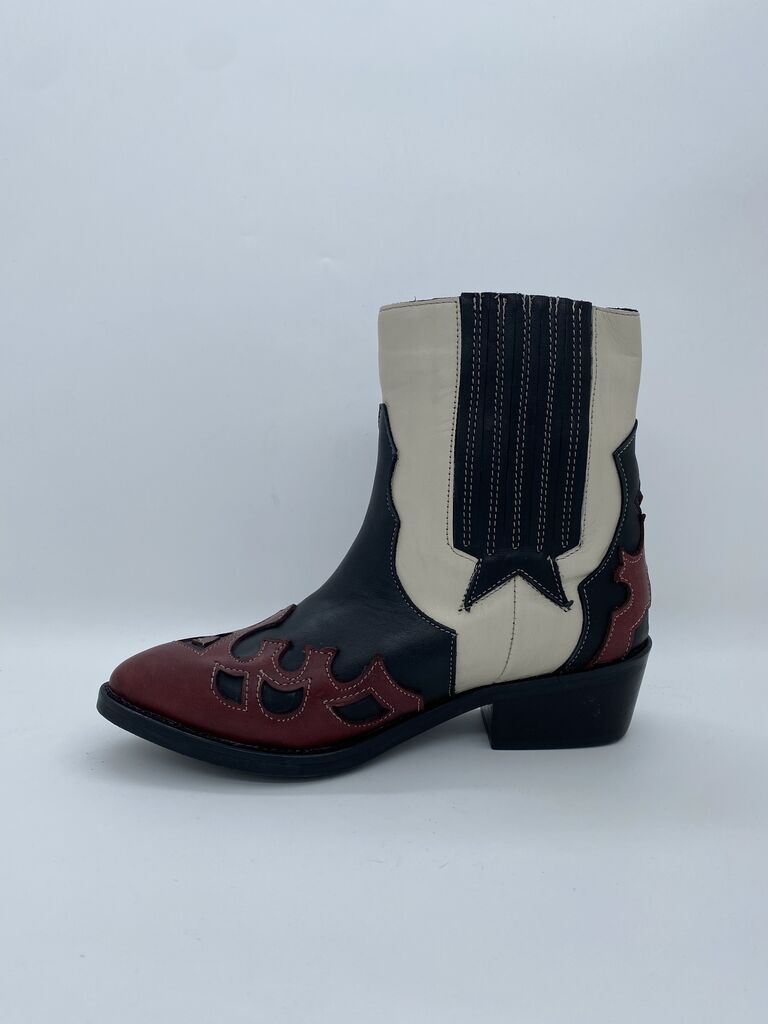 Multicolor Leather Western Ankle Boots with Cutout Design