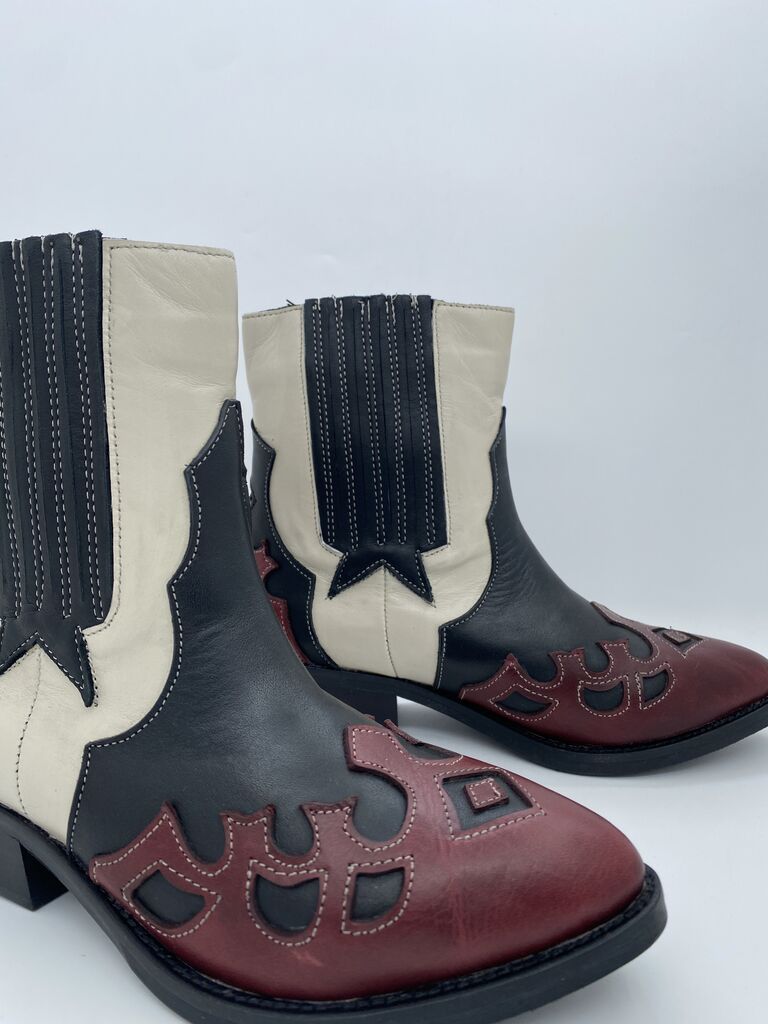 Multicolor Leather Western Ankle Boots with Cutout Design