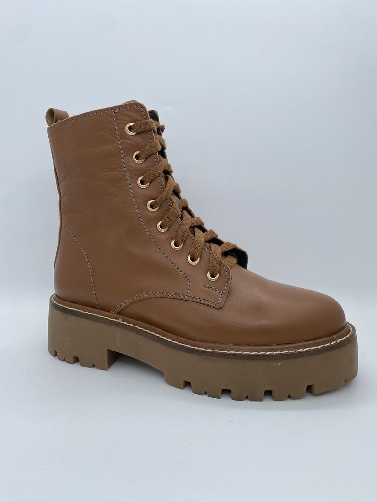 Brown Leather Lace-Up Ankle Boots with Lug Sole