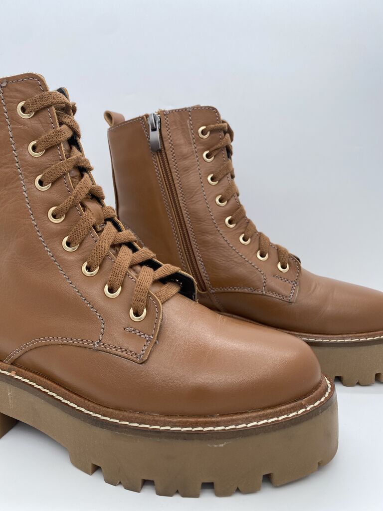 Brown Leather Lace-Up Ankle Boots with Lug Sole
