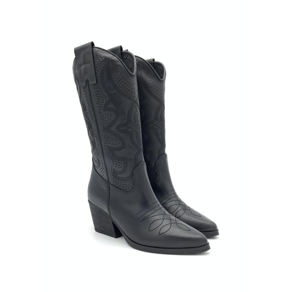 Black Embossed Cowboy Boot with Chunky Heel