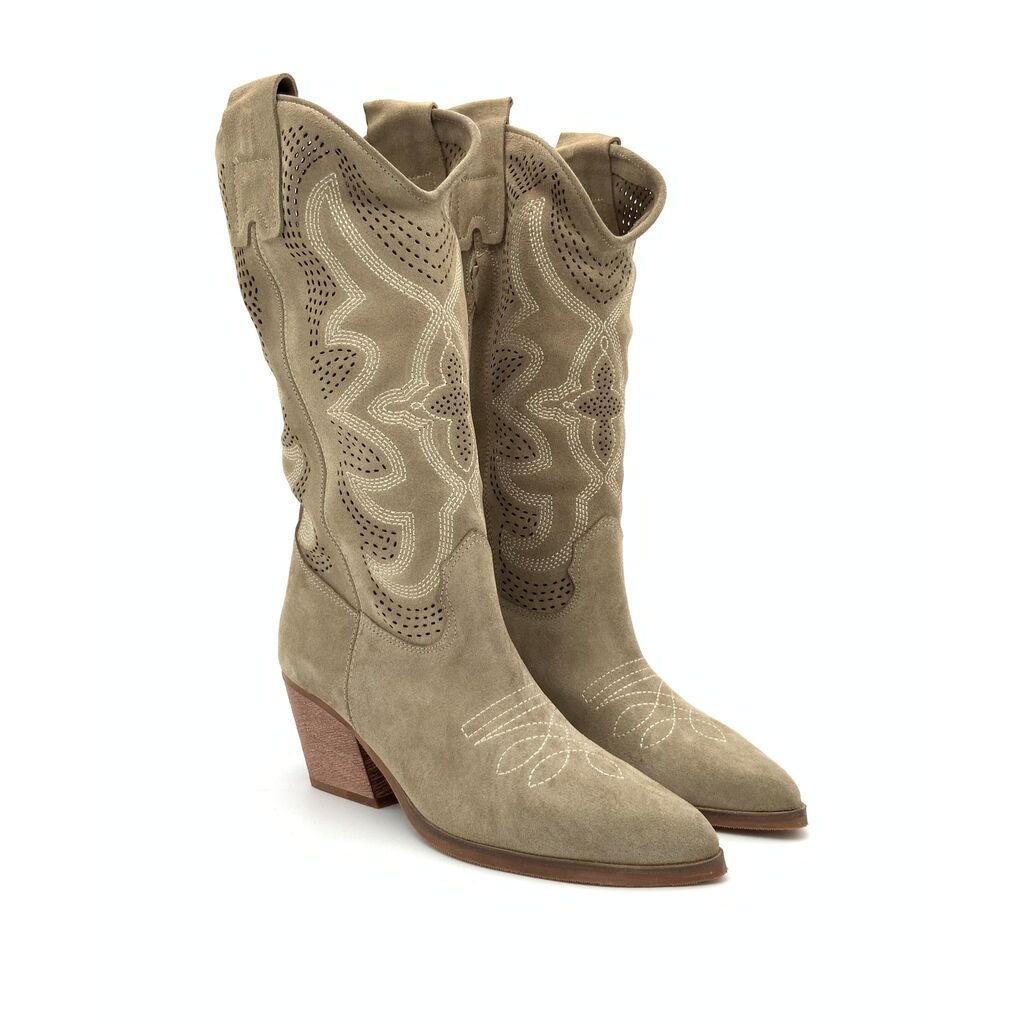 Taupe Suede Western Ankle Boot with Embroidered Detail
