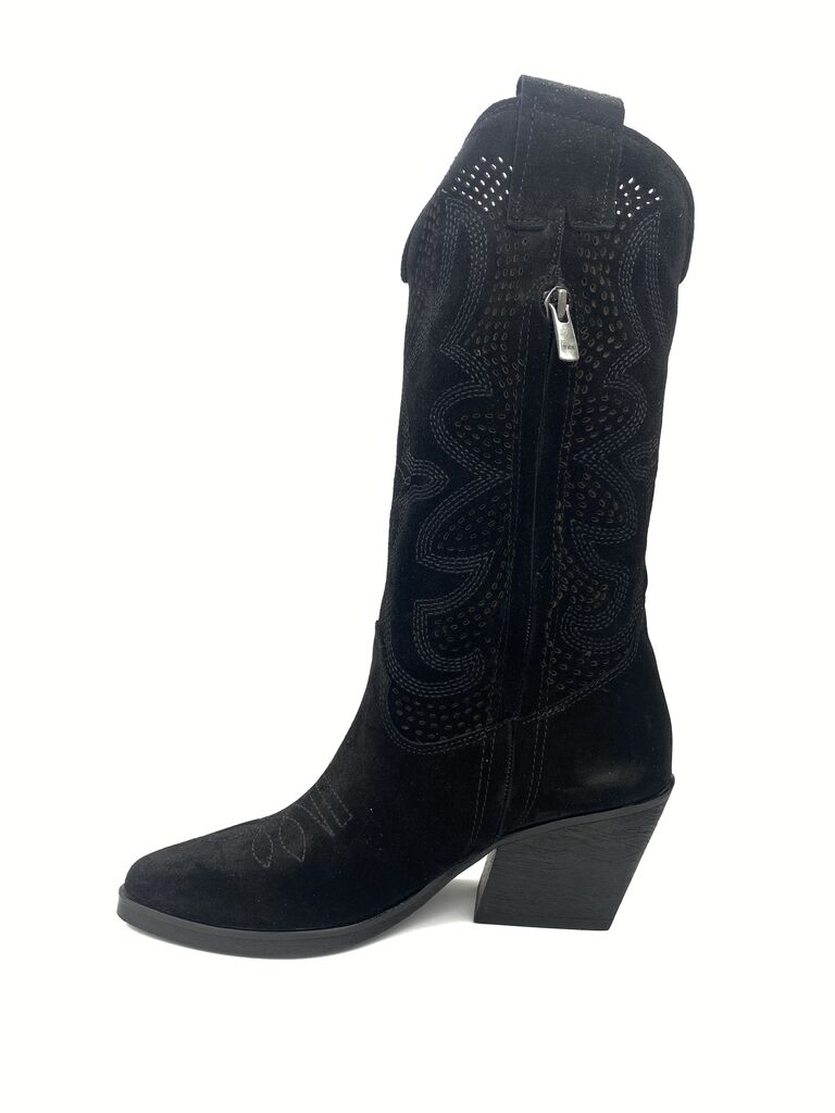 Black Suede Western Boots with Intricate Stitching