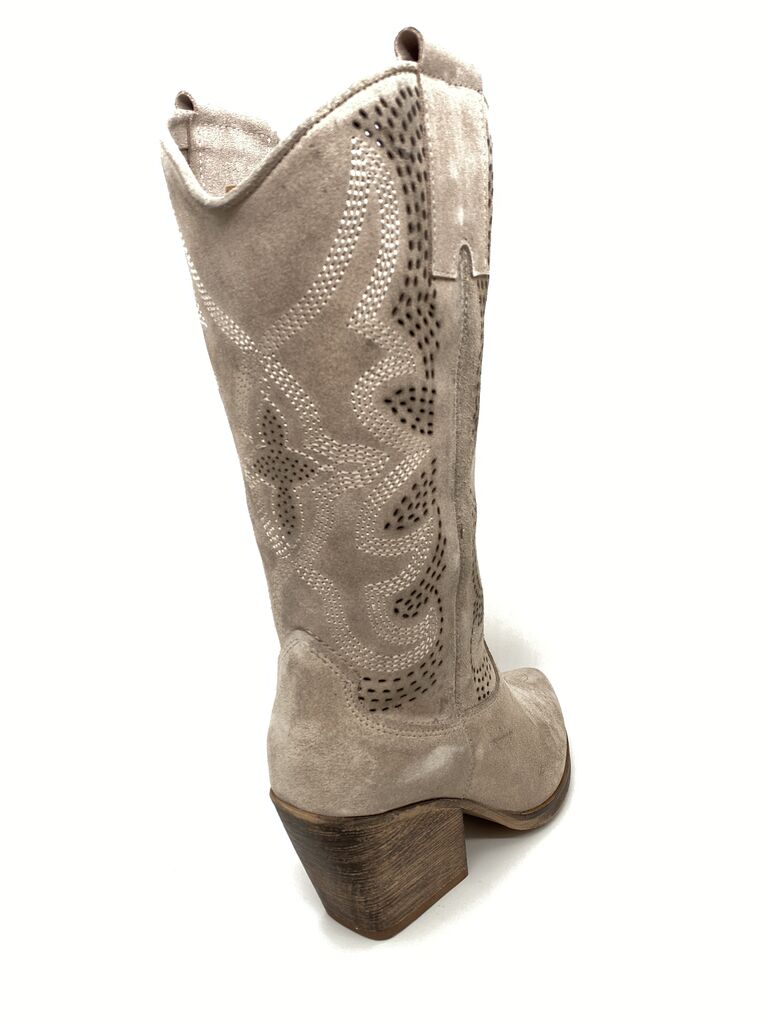Taupe Suede Western Boot with Perforated Design