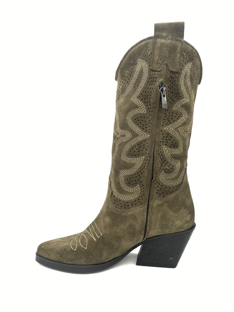 Olive Suede Western Boot with Embroidered Details