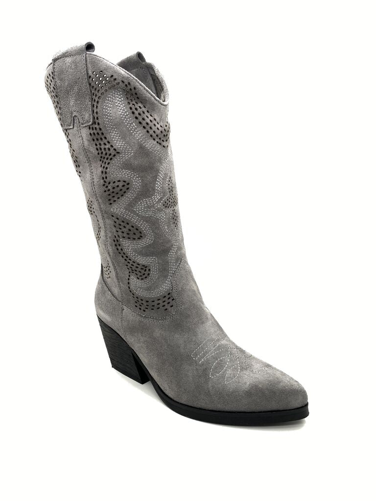 Gray Suede Western Boots with Perforated Design
