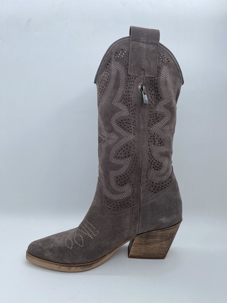 Taupe Suede Western Boot with Perforated Design