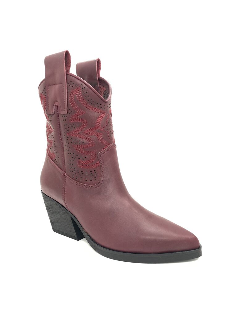 Burgundy Leather Western Boots with Embroidered Design