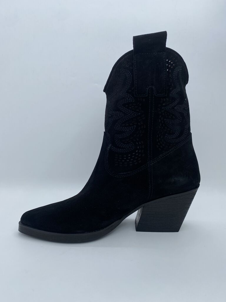 Black Suede Western Ankle Boots with Embroidered Design