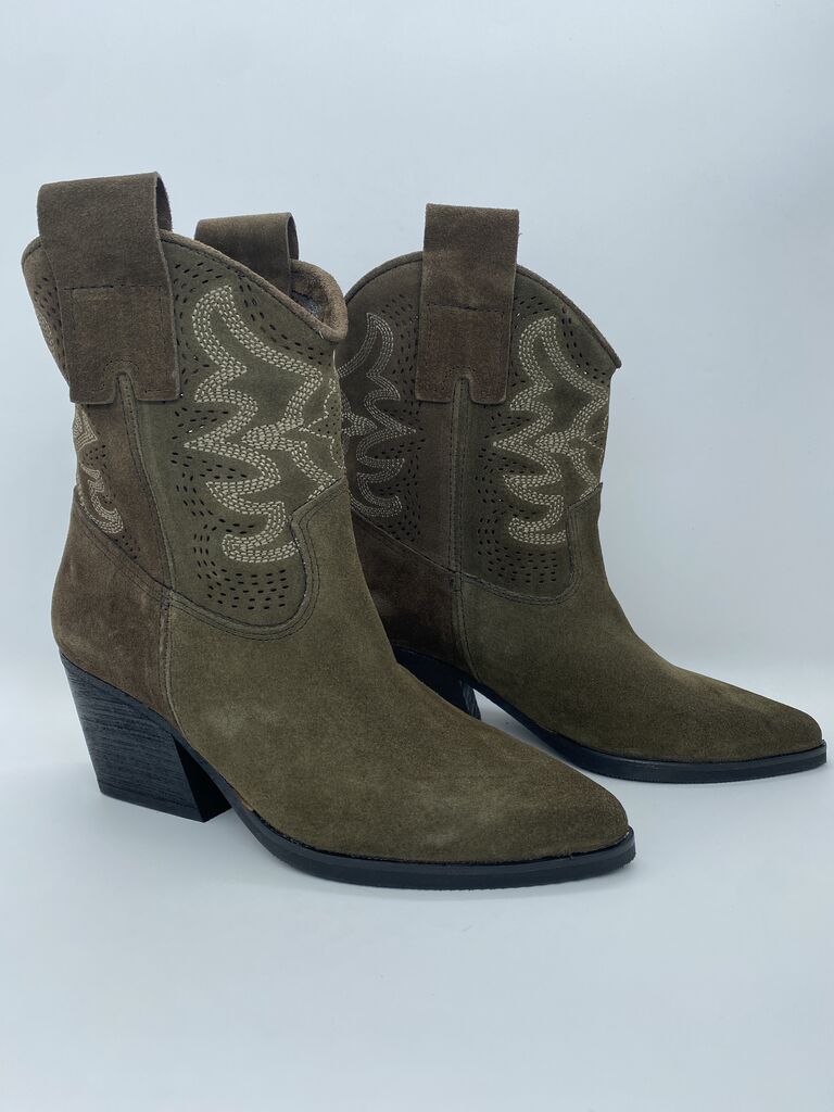 Olive Suede Western Boots with Embroidered Detail