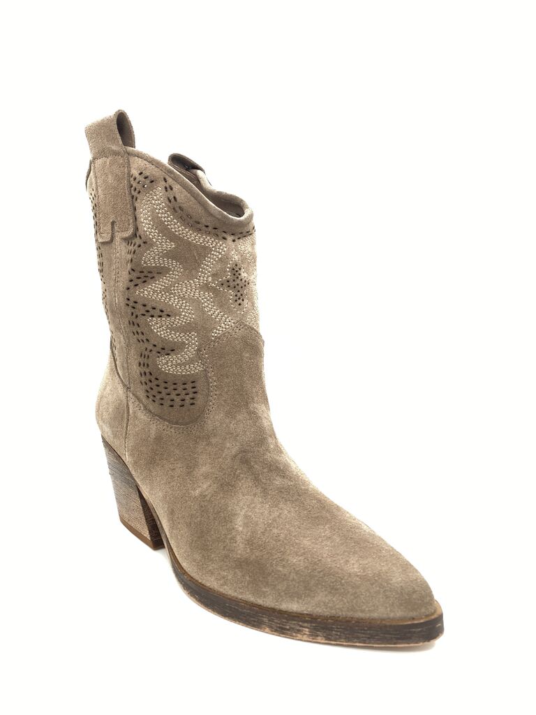 Taupe Suede Western Ankle Boot with Perforated Detail