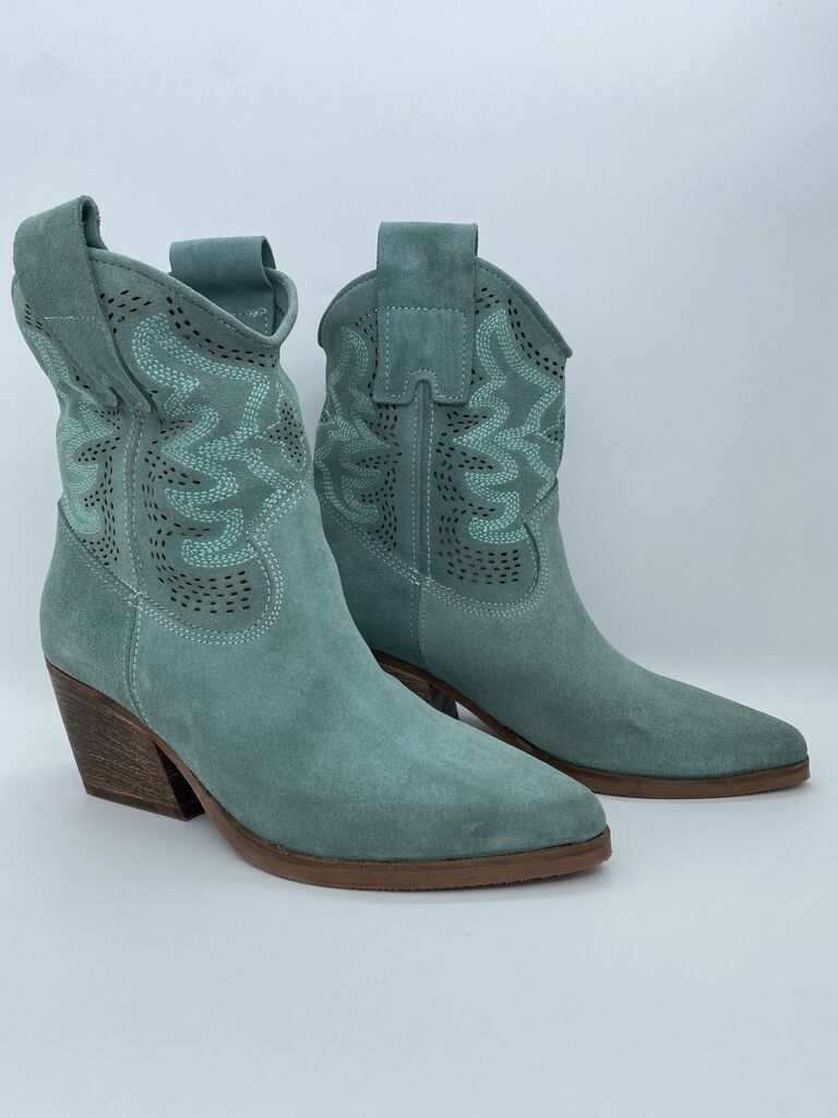 Mint Suede Western Ankle Boots with Block Heel