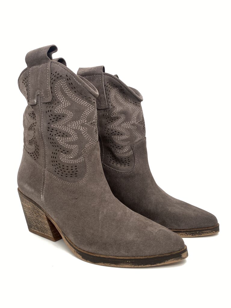 Gray Suede Western Ankle Boots with Perforated Details