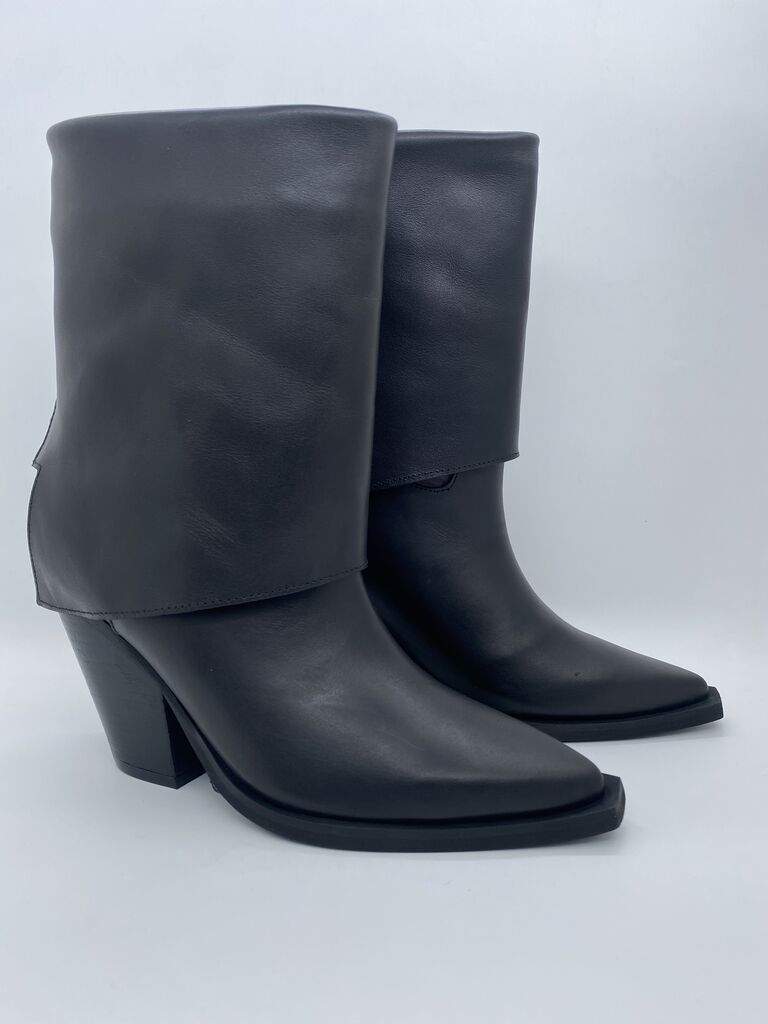 Black Leather Ankle Boot with Angular Heel