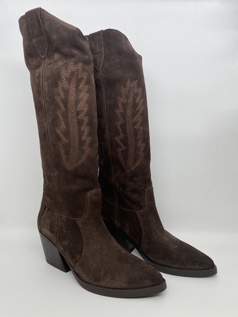 Brown Suede Tall Boots with Embroidered Accents