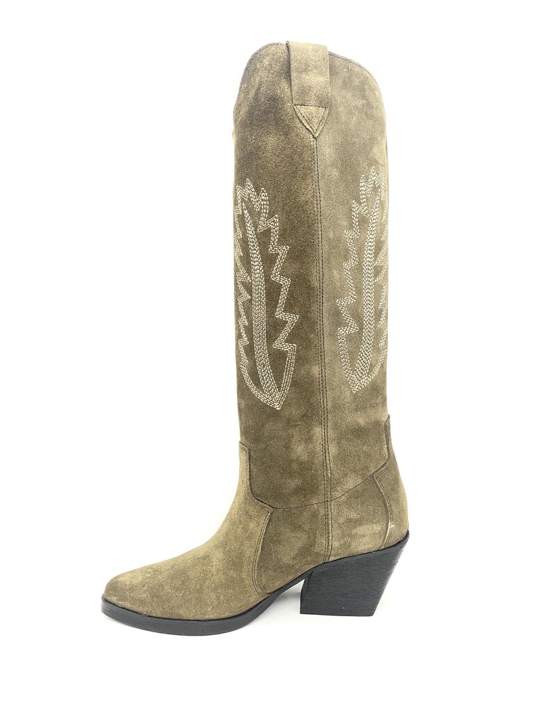 Olive Suede Cowboy Boots with Embroidered Detail