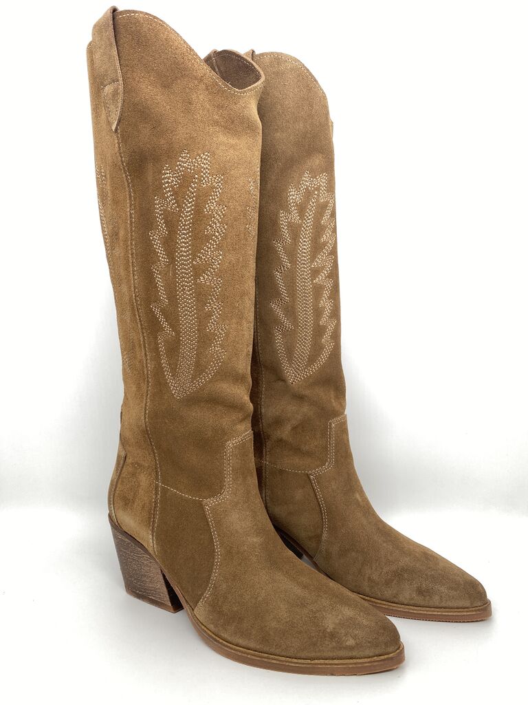 Tan Suede Cowboy Boots with Embroidered Detail