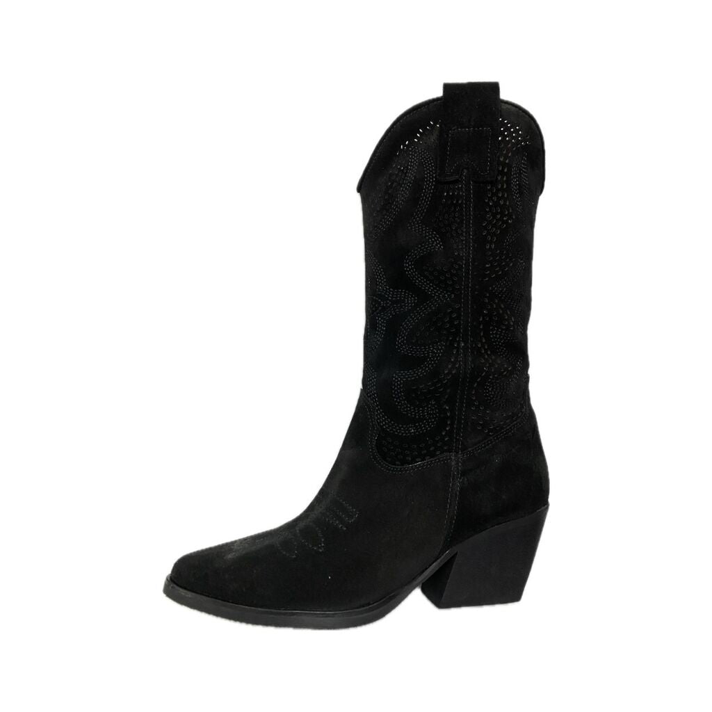 Black Suede Western Boots with Embroidery Detail