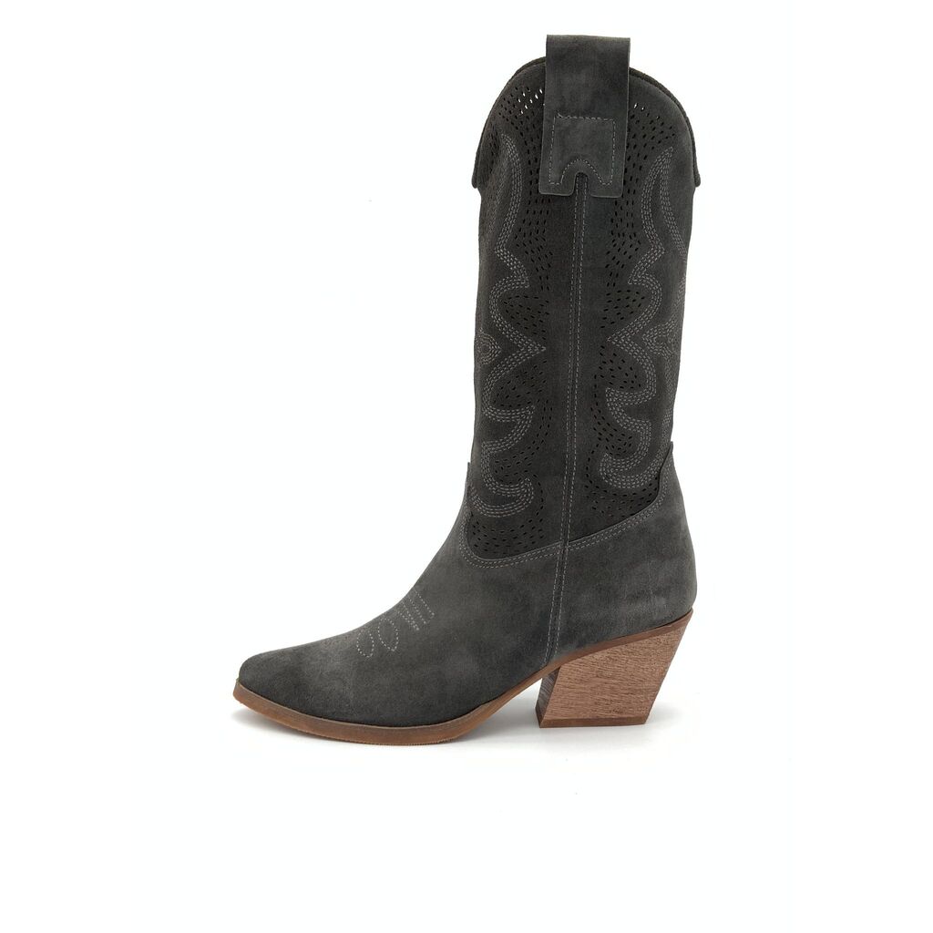 Gray Suede Western Boots with Perforated Design