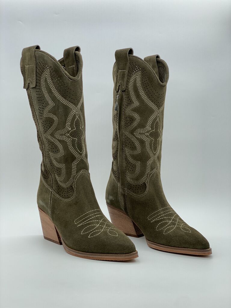 Olive Suede Western Boots with Embroidered Detail
