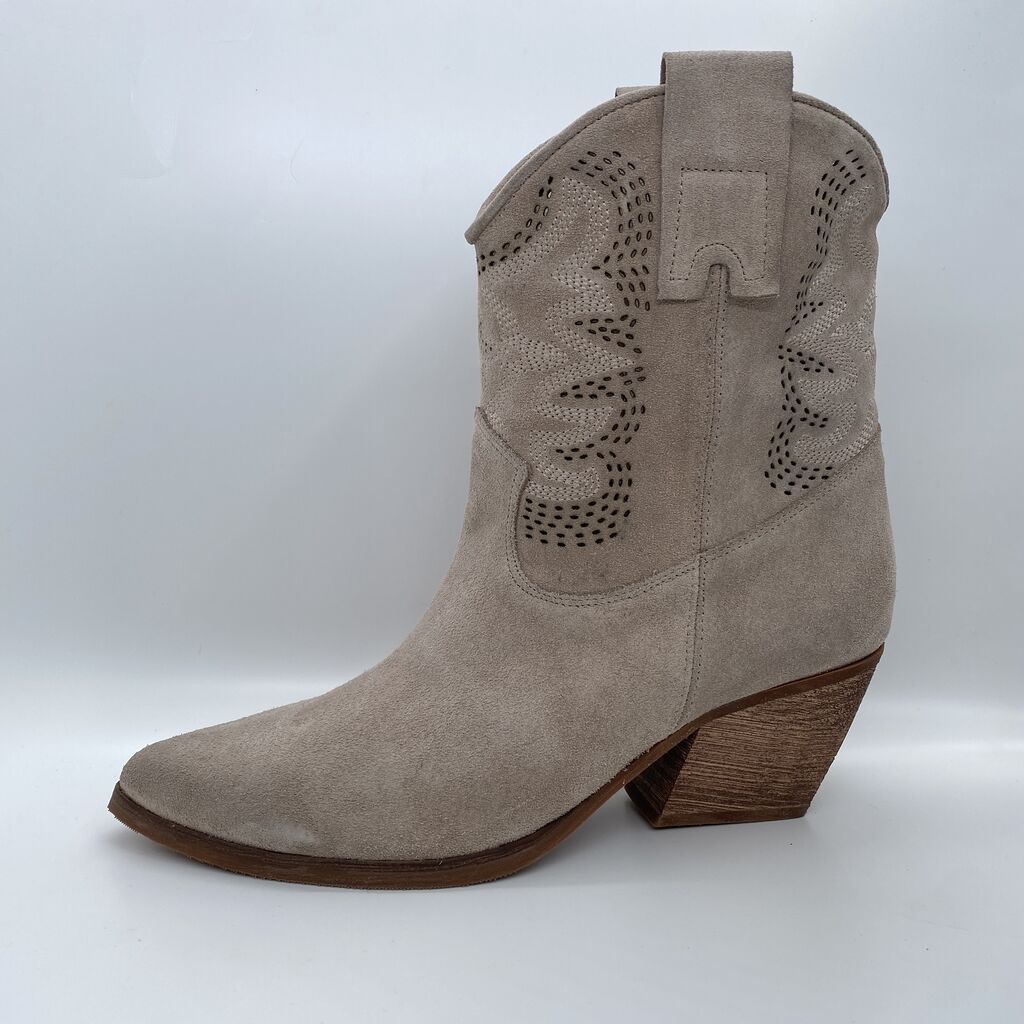 Gray Suede Western Ankle Boot with Perforated Detail