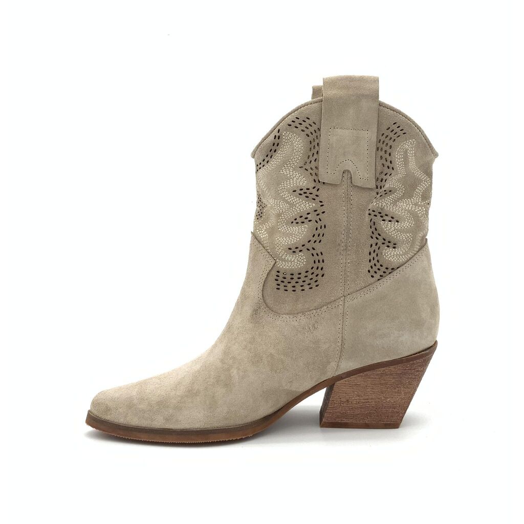Gray Suede Western Ankle Boot with Perforated Detail