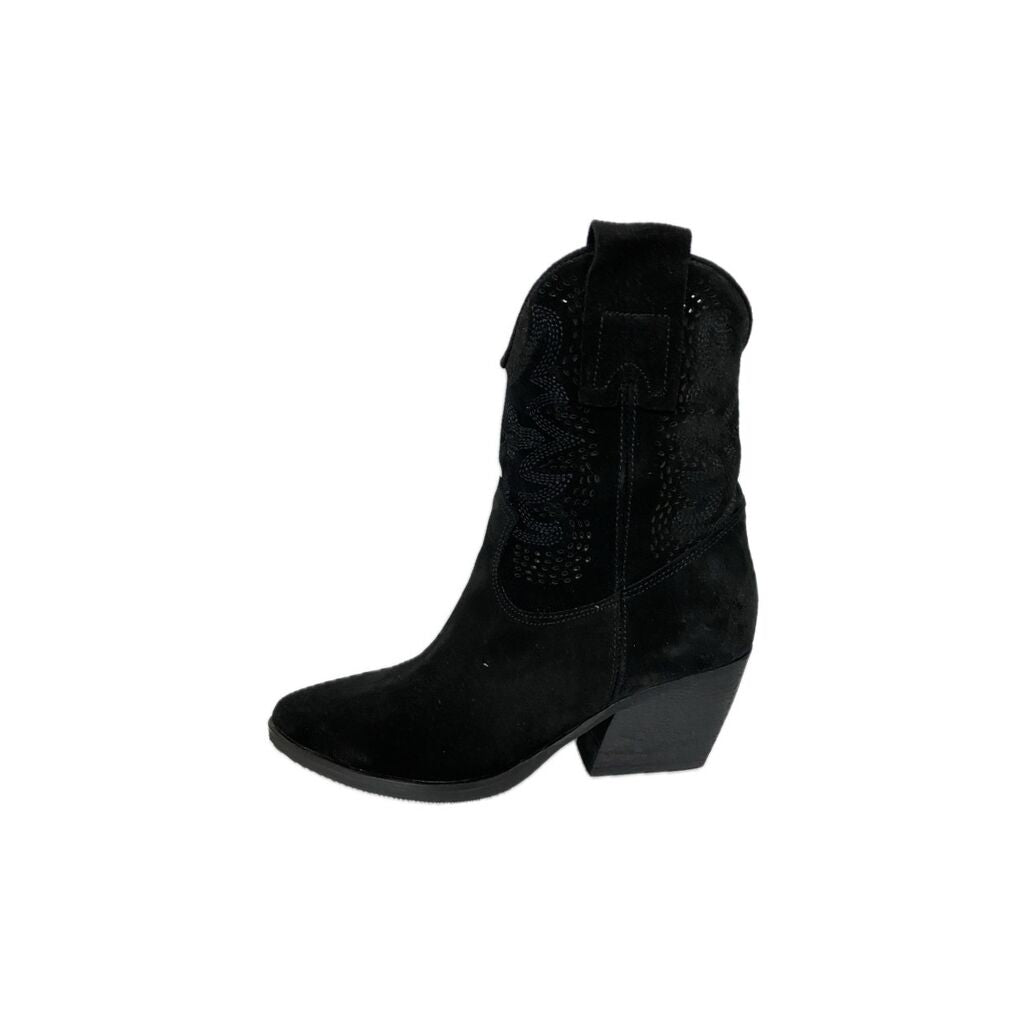 Black Suede Western Ankle Boot with Block Heel