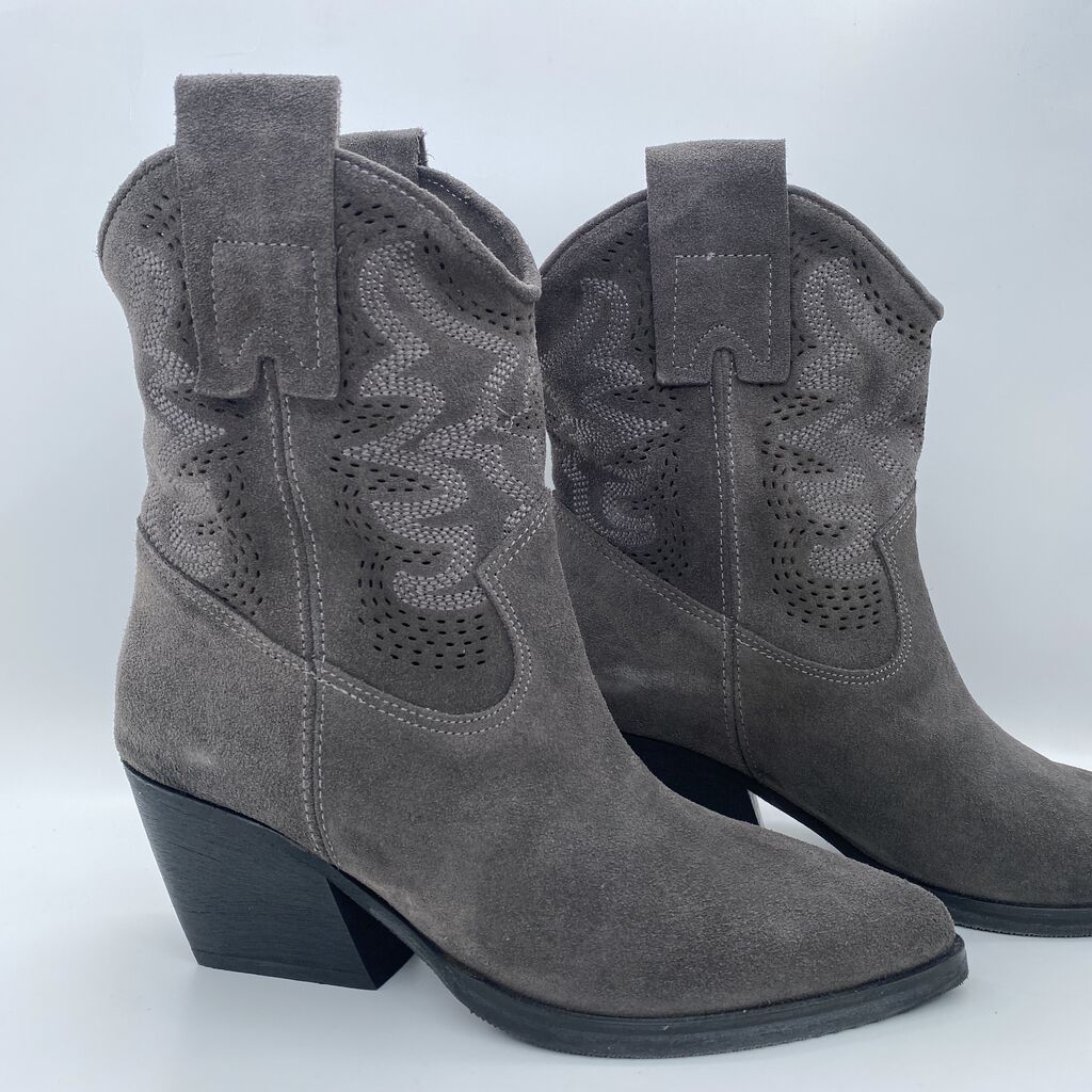 Gray Suede Ankle Boots with Block Heel