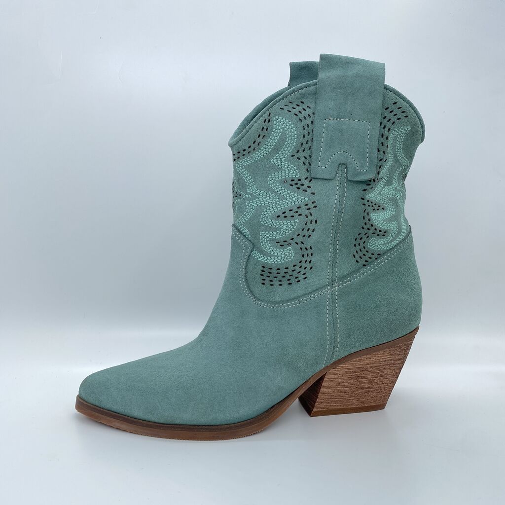 Blue Suede Western Ankle Boots with Cutout Design
