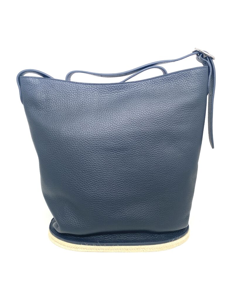 Navy Textured Leather Bucket Bag with Sling Strap